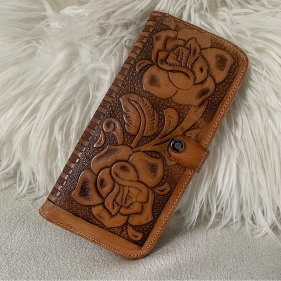 Vintage Tooled Leather Rose Floral Zipper Mirror Wallet - Picture 11 of 11